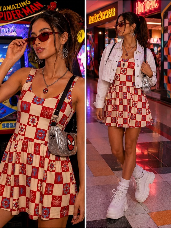 Marvel Dresses & Skirts - Marvel Red and Cream Checkerboard Spider-Web Mini Dress